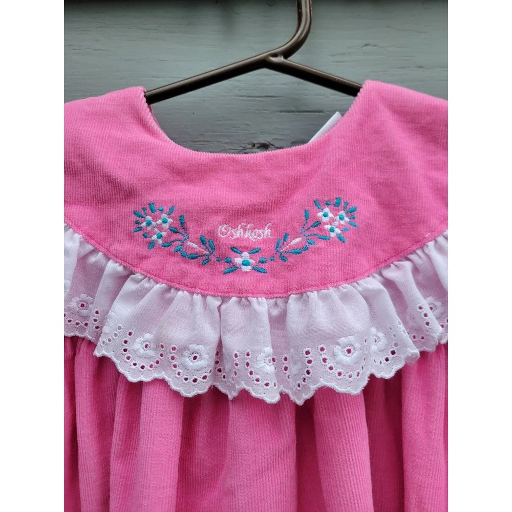Vintage 90s‎ OshKosh B'gosh Corduroy Dress Pink Eyelet Lace Floral Embroidery 6